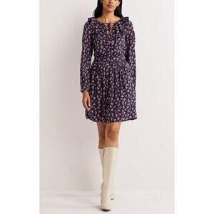 BODEN Metallic Frill Ruffle Detail Mini Fall Dress Navy Berry Sprig Floral Large